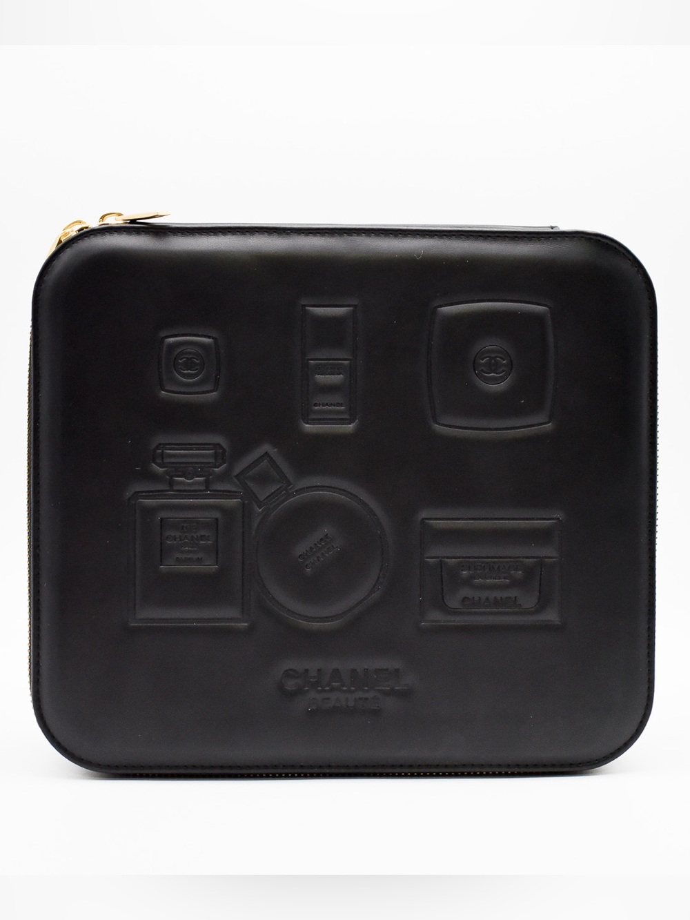 Chanel Beauty Large Black Embossed Vanity Storage Case with Gold Zipper